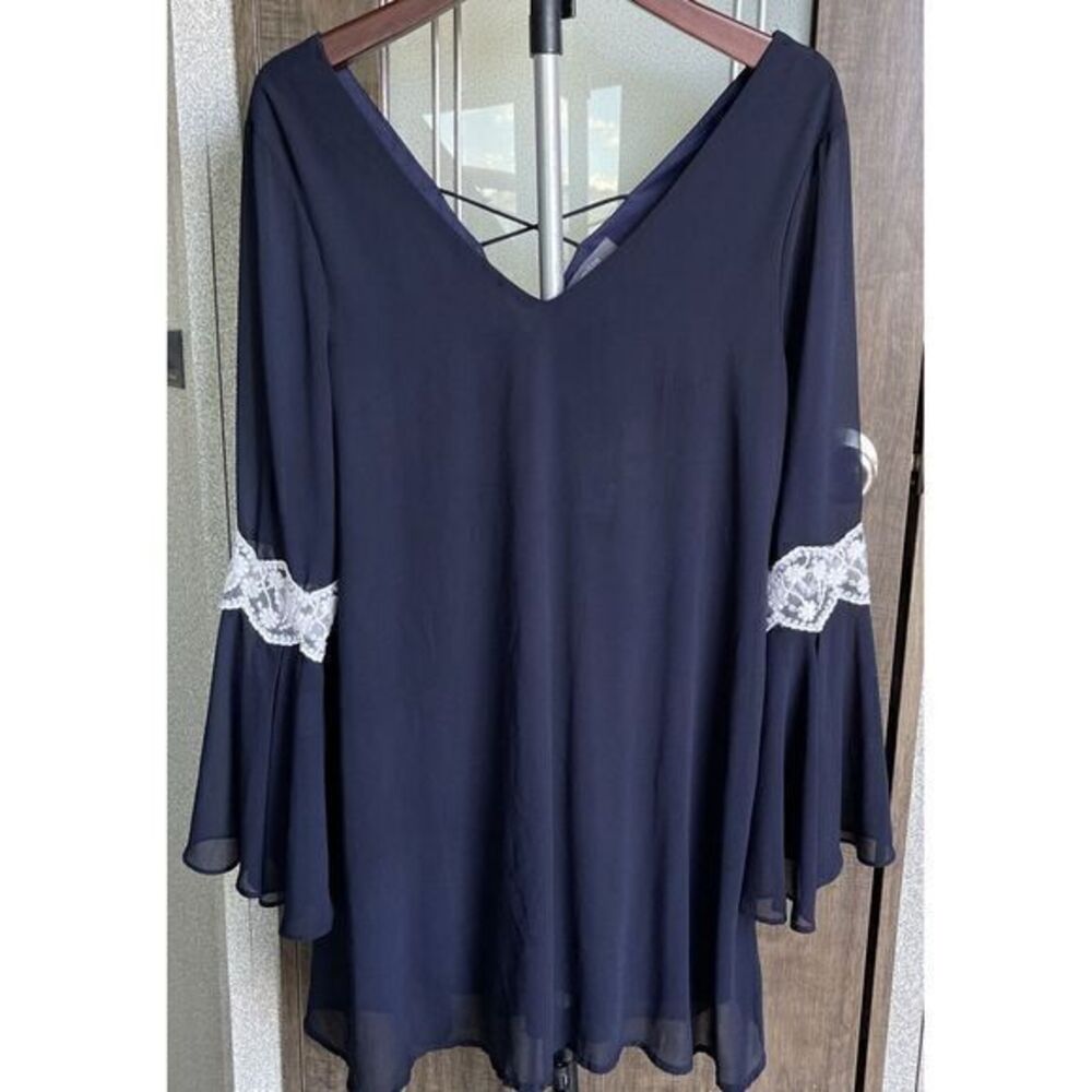 Umgee A Line Swing Chiffon‎ Dress Size S Boho Navy Blue Flowy Short